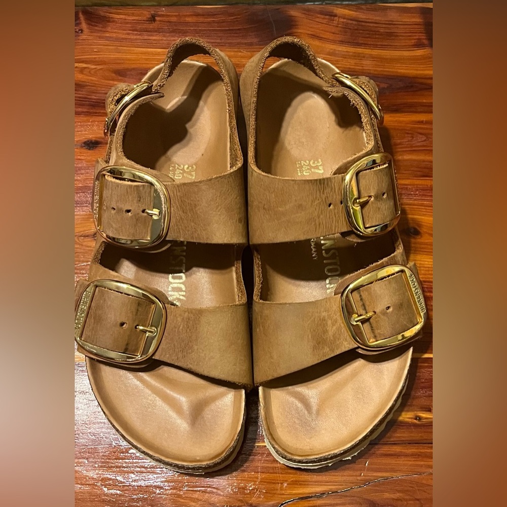 Birkenstock Tan Sandals with Gold Buckles
